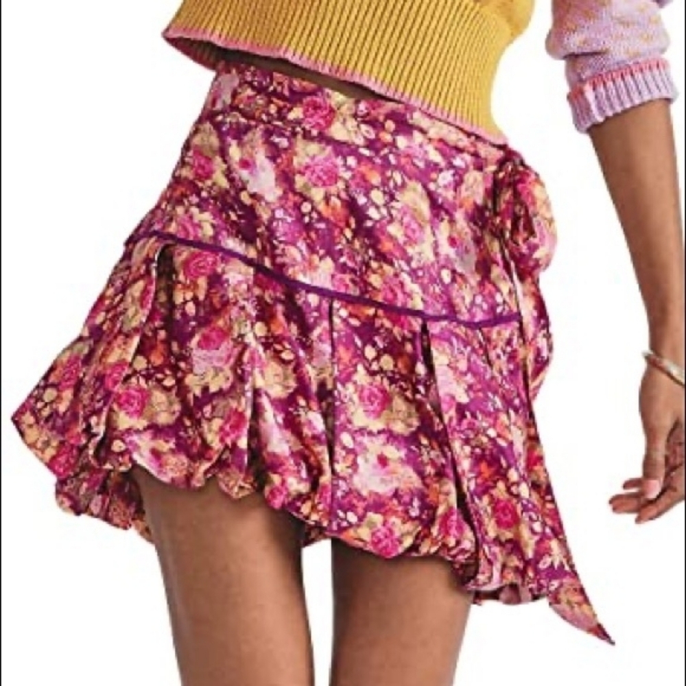 Love Shack Fancy Purple Floral Ruffle Bubble Mini Skirt With Side Bow Tie Size 4